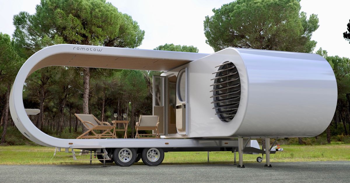 Futuristic camper expands to reveal huge party deck